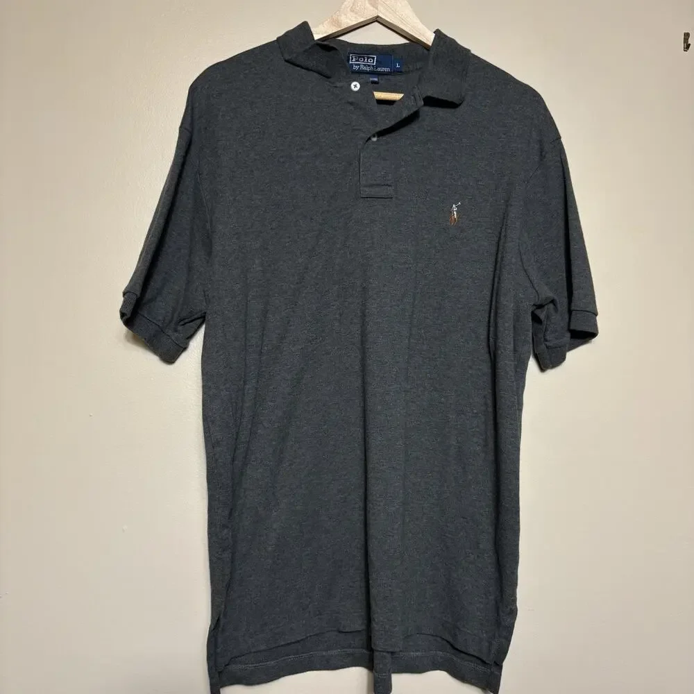 Polo Ralph Lauren Mens Dark Gray Short Sleeve Polo Sz L Soft Flesh Colored Pony
